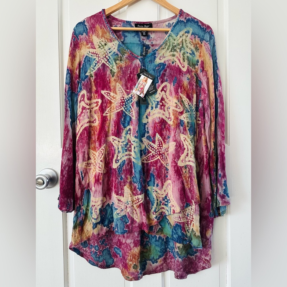 NEW! Charlie Paige Colorful Starfish Tie Dye Tunic Top Vacation Beach Size S/M